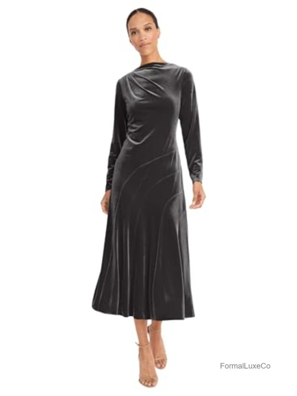 Women's Long Sleeve Velvet Midi Dress, Fitted Bodice Flared A-line Skirt,